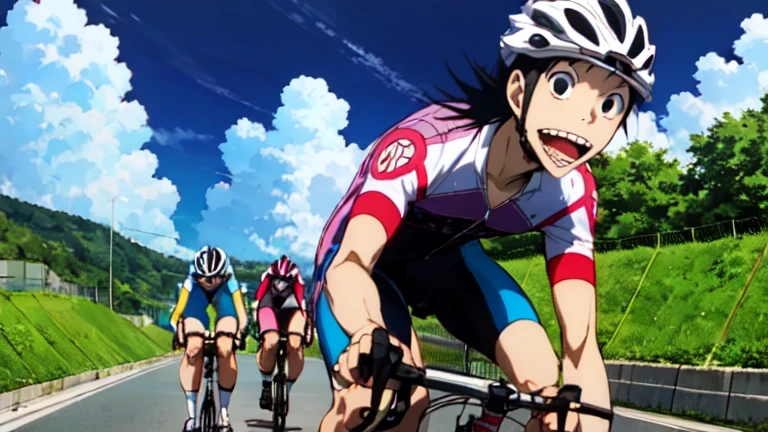 ride a bicycle, male, AKIRA_midousuji, black hair, black eyes, teeth, Helmet, Cycle pro team wear, Seaside Road, Road race, Blue sky and sea, The shadows of the players, Strong winds, Wave Splash, Broad horizon, Movie Posters