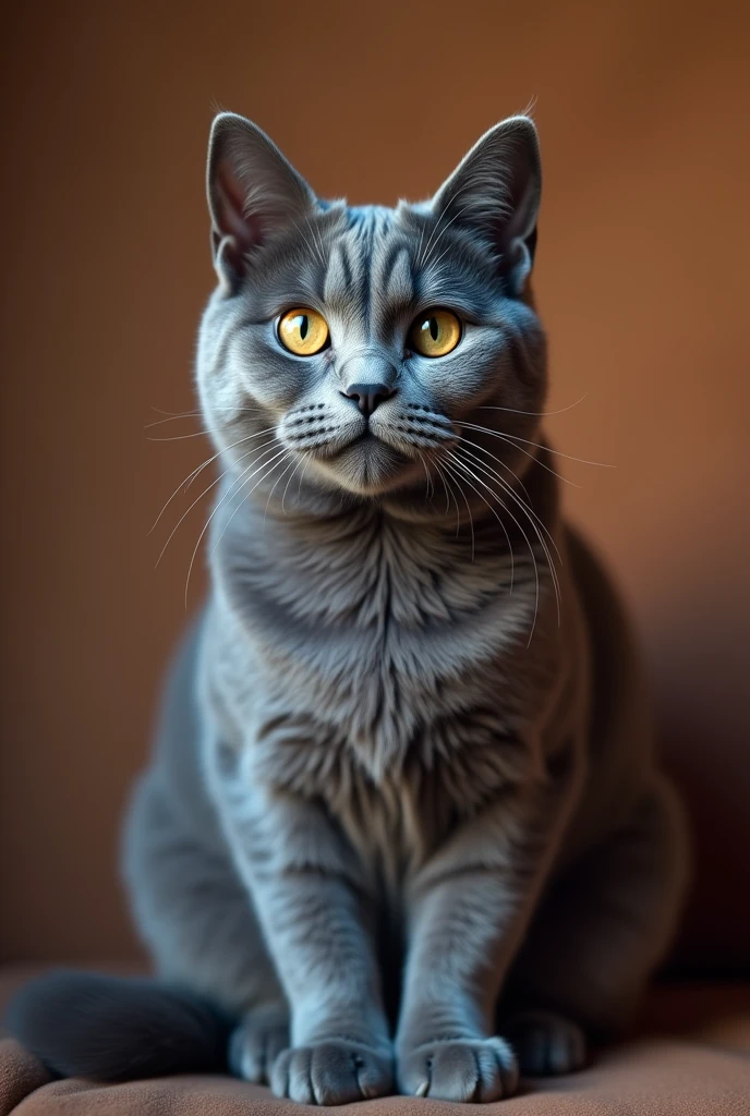 chat
race chartreux
pelage bleu
yeux ambre
vue face
queue dressée
vue de face
tete penchée