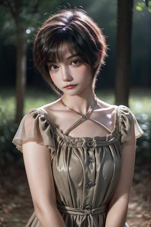 Girl, very short hair, Very curly, Whole body, very detailed face, old dress, at night, trees in the distance, you can see the stars, flowers shine, with one hand on his chest,