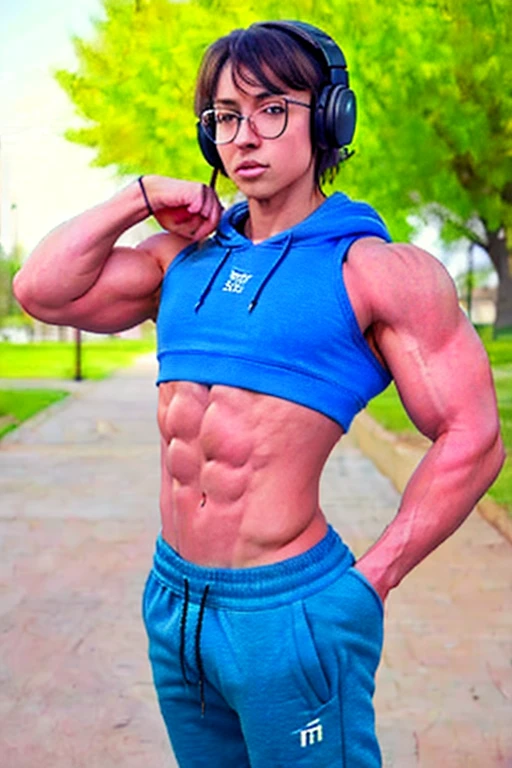 fullbody view, Ultra cute muscular nerdy woman, short hair, glasses, muscular shoulders, vascular physique, baggy sleeveless hoodie, medium sized round breasts, sweatpants, oversized long baggy hoodie, ripped, shredded six pack abs, absolutely no body fat, perfect muscle definition, badass, breathtaking, gorgeous, gentle, headphones around neck, in park outside, ultra ripped shredded muscular sic pack abs, very vascular