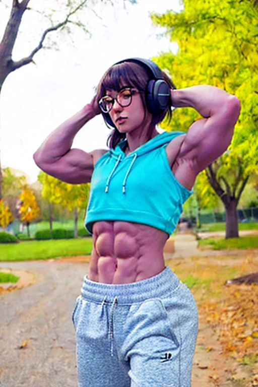 fullbody view, Ultra cute muscular nerdy woman, short hair, glasses, muscular shoulders, vascular physique, baggy sleeveless hoodie, medium sized round breasts, sweatpants, oversized long baggy hoodie, ripped, shredded six pack abs, absolutely no body fat, perfect muscle definition, badass, breathtaking, gorgeous, gentle, headphones around neck, in park outside, ultra ripped shredded muscular sic pack abs, very vascular