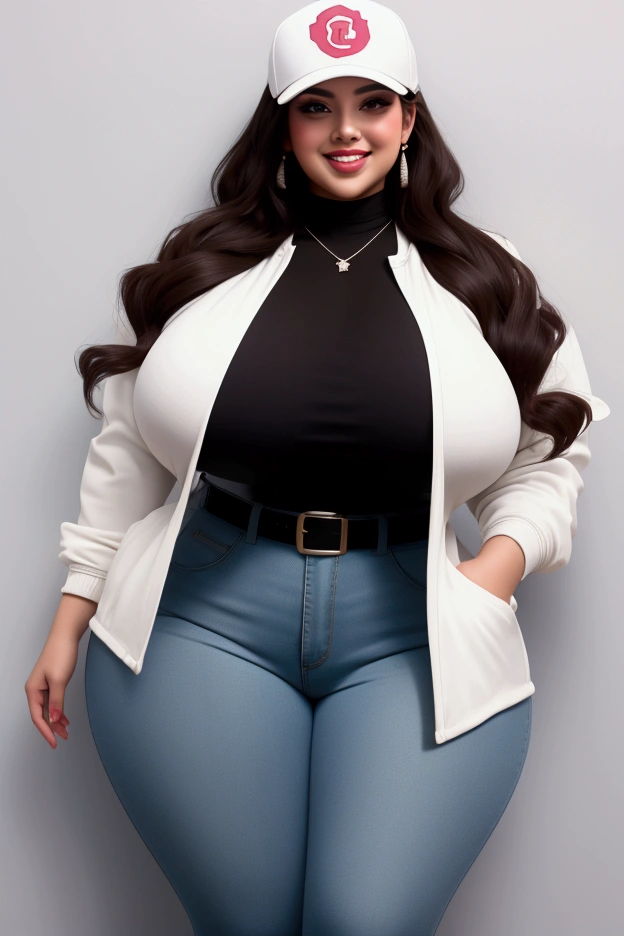 three extremely Tsk tsk tsk and large latino women hugging, huge bust, 250 pounds of sensuality, pants, huge breasts, Tsk tsk tsk-hips, smiling, sbbw, plus size women, belt, Tsk tsk tsk, Hands on shoulders, wearing a baseball cap, shirt, white jacket, voluptuous body, leaning back, huge breasts