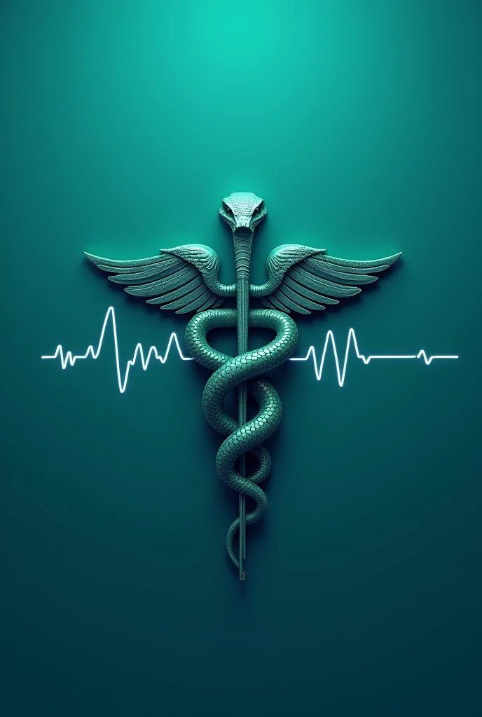 I want a medical snake with a teal background, with the medical bar and that it be a logo rather than an image with wings and that it be the design for the health area that is thick for computer screens and have an electrocardiogram crossed through it.