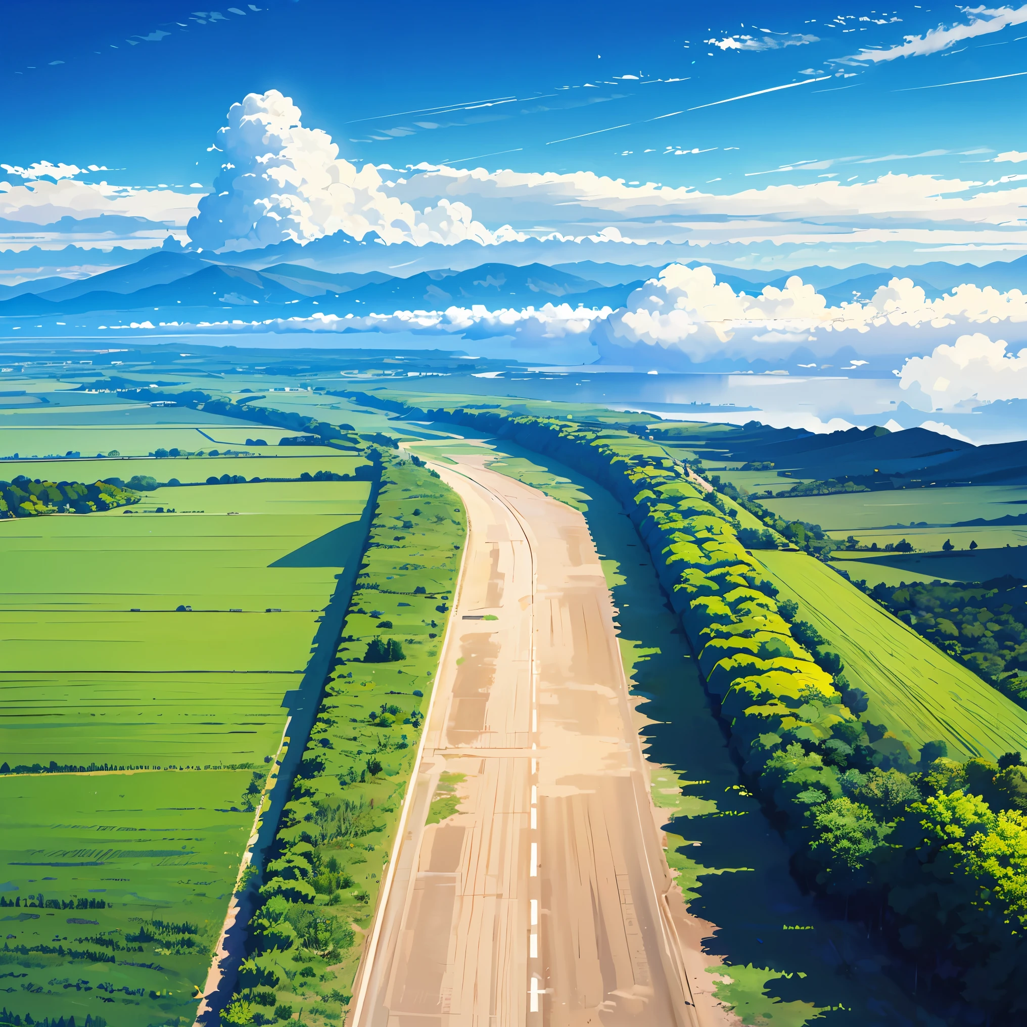 A single road winding through a beautiful landscape, Vast plains, wealthy, flower, Earth, horizon, Cumulonimbus, blue sky,