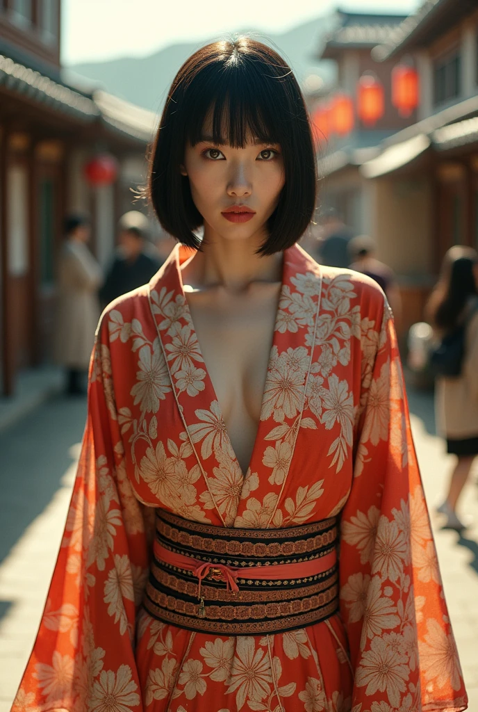 editorial photography,super detailed background,Super realistic,double exposure,depth of field,cool beauty super skinny vides,soft focus sepia color tone,narrative scene,Zen town,open Crimson lips,Wabi-Sabi,narrow eyes,unbuttoned geometric kimono,full body shot,from below,super short straight hairstyle,