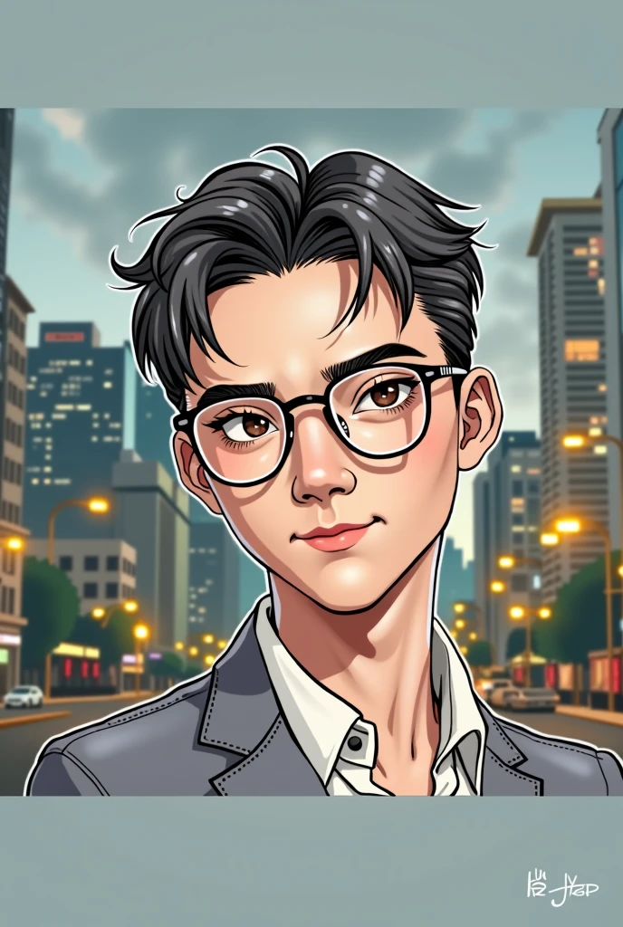 Juyeon with dark hair and glasses, somewhat fancy attire, hyperealistic