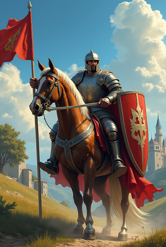 MEDIEVAL LORD ON HORSE HOLDING A SWORD GUN SHIELD