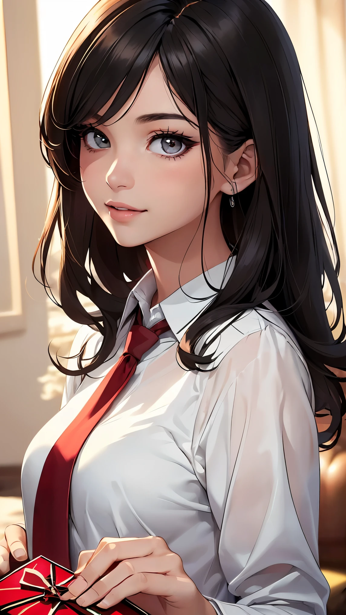 (8k, RAW photo, highest quality, masterpiece: 1.2), High-definition RAW color photo, professional photography, cinematic light, alone, (((young woman, gal))), ((white shirt, red tie)), (beautiful and fine eyes, beautiful detailed lips), (round eyes), (small face), (high detail skin: 1.2), clavicle, cute face, beautiful face, long eyelashes, (black hair, short hair), highly detailed eye drawing, ((highly detailed face)), (slim body shape:1.2), Highly detailed face and skin texture, double eyelid, upward glance, (romantic atmosphere、bright colors), colorful, beautiful girl, smile, long hair, happy expression, ((Hold the heart-shaped gift box with both hands and hold it out.:1.9, Valentine's day package, stretch your arms)), (Red and brown pop Valentine's day background), hidden love, Heartwarming, soft lighting, blush, Excited, romantic atmosphere, present, expression of joy, Bright colors,