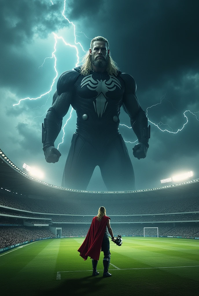 The sky over the cricket stadium darkens as storm clouds gather. Thor, with Mjolnir in hand, descends from the heavens, lightning crackling around him. In the middle of the pitch, Venom stands menacingly, his black, muscular form contrasting sharply with the bright green field.