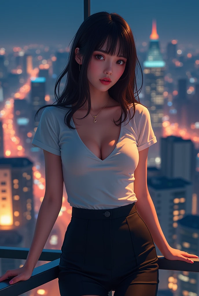 ((Best quality, 8k, Masterpiece :1.3)), Whole body, Sharp focus :1.2, A pretty woman with perfect figure :1.4, Slender abs :1.2, ((Dark brown hair, Big breasts :1.2)), body dress :1.1, (Night city view, Modern balcony :1.1), Highly detailed face and skin texture, Detailed eyes, Double eyelid, Small Bust, OL Uniform, Office Wear, white T-shirt, exposed cleavage, (Black Pantyhose), (No Panties), Interior Scene, Office