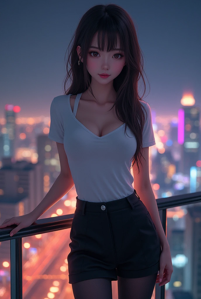 ((Best quality, 8k, Masterpiece :1.3)), Whole body, Sharp focus :1.2, A pretty woman with perfect figure :1.4, Slender abs :1.2, ((Dark brown hair, Big breasts :1.2)), body dress :1.1, (Night city view, Modern balcony :1.1), Highly detailed face and skin texture, Detailed eyes, Double eyelid, Small Bust, OL Uniform, Office Wear, white T-shirt, exposed cleavage, (Black Pantyhose), (No Panties), Interior Scene, Office