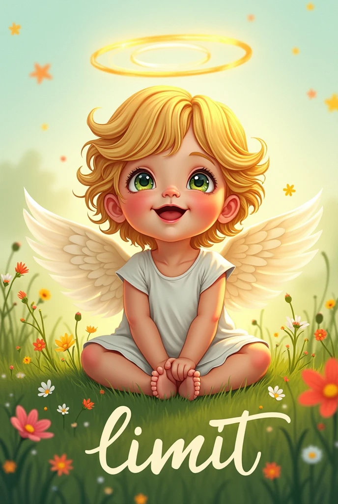 drawn drawing, Sticker, in the style of illustration
Beautiful little angel - child in the grass, Sticker,  light eyes, halo overhead, smile, 
Under it, a word in Cyrillic "limit"