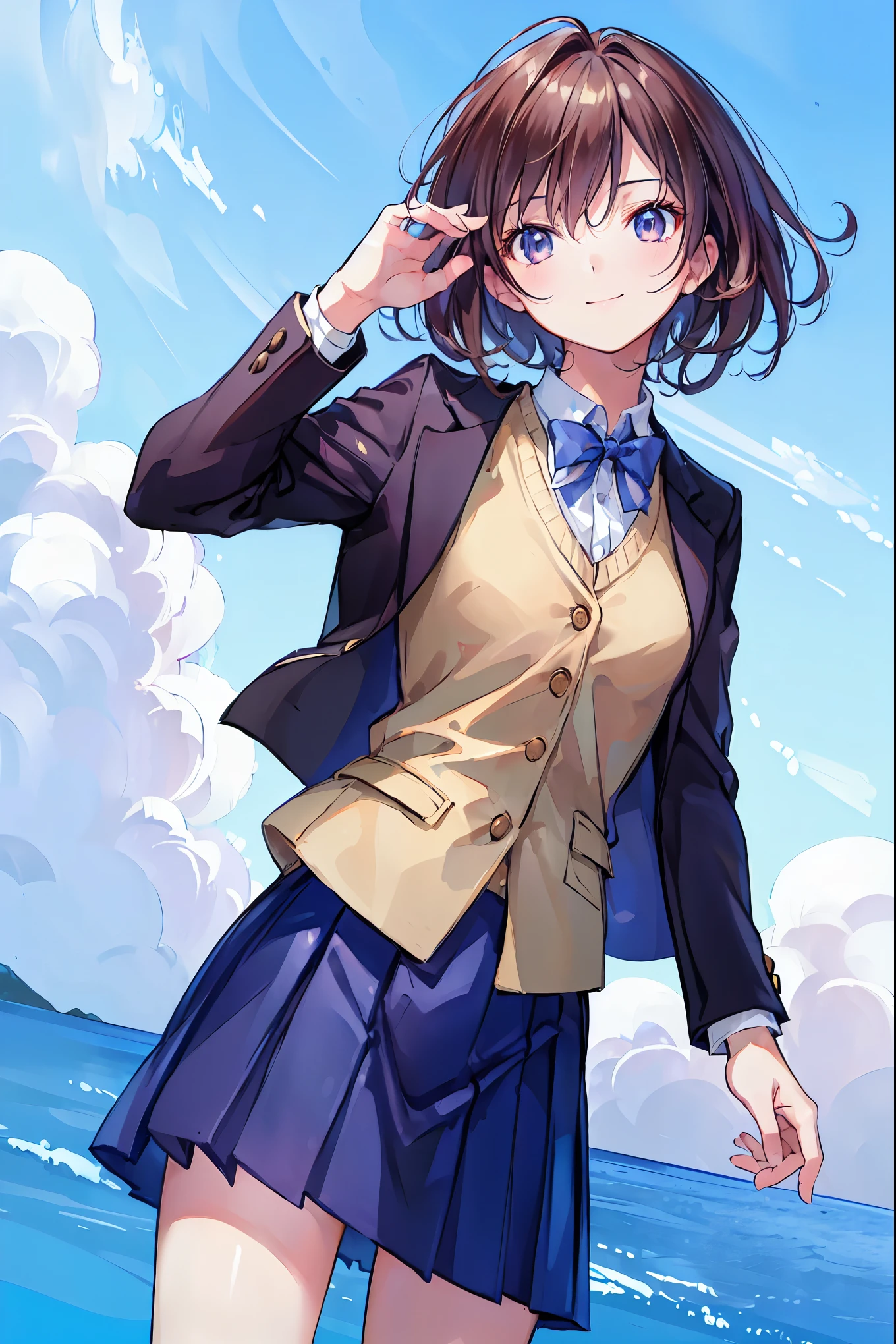(Highest quality,masterpiece:1.3,Ultra-high resolution),(Very detailed,Caustics,8k),(Realistic:1.4,RAW shooting),18-year-old,Japanese,cute,I'm looking at the camera with a smile on my face,Blazer Uniform,forward leaning posture,Waist up shot,(Face Focus:1.2),(Face close-up:1.2),(Low position:1.3),(Low - Angle:1.4),summer,blue sky,Natural light,Brown Hair,Shortcuts,Slender beauty,Messy Hair