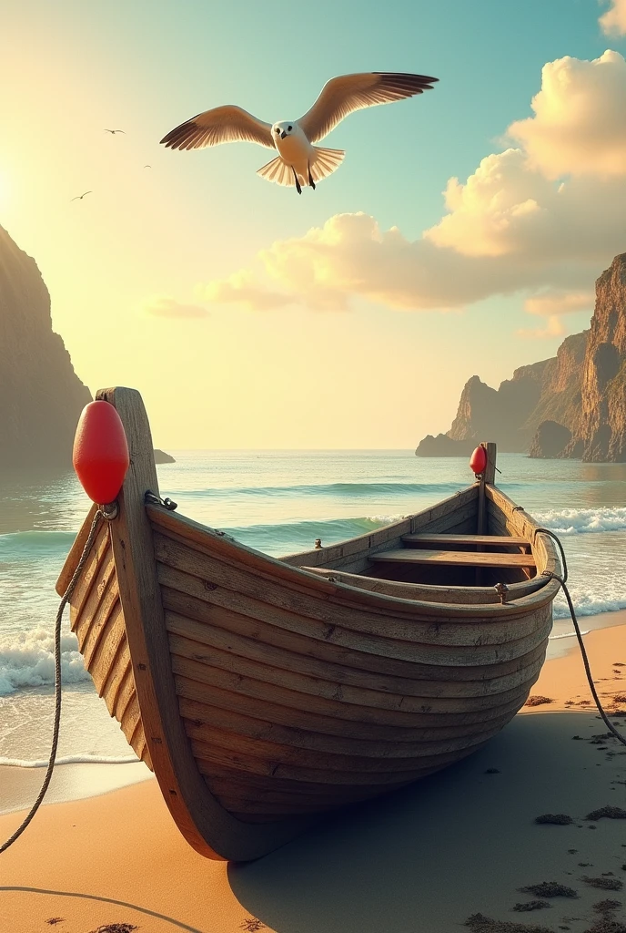 (photorealism:1.2), a wooden ship docked at beach, simply decorated with buoy, gull roaring over head, the side of ship sites in front of viewer.