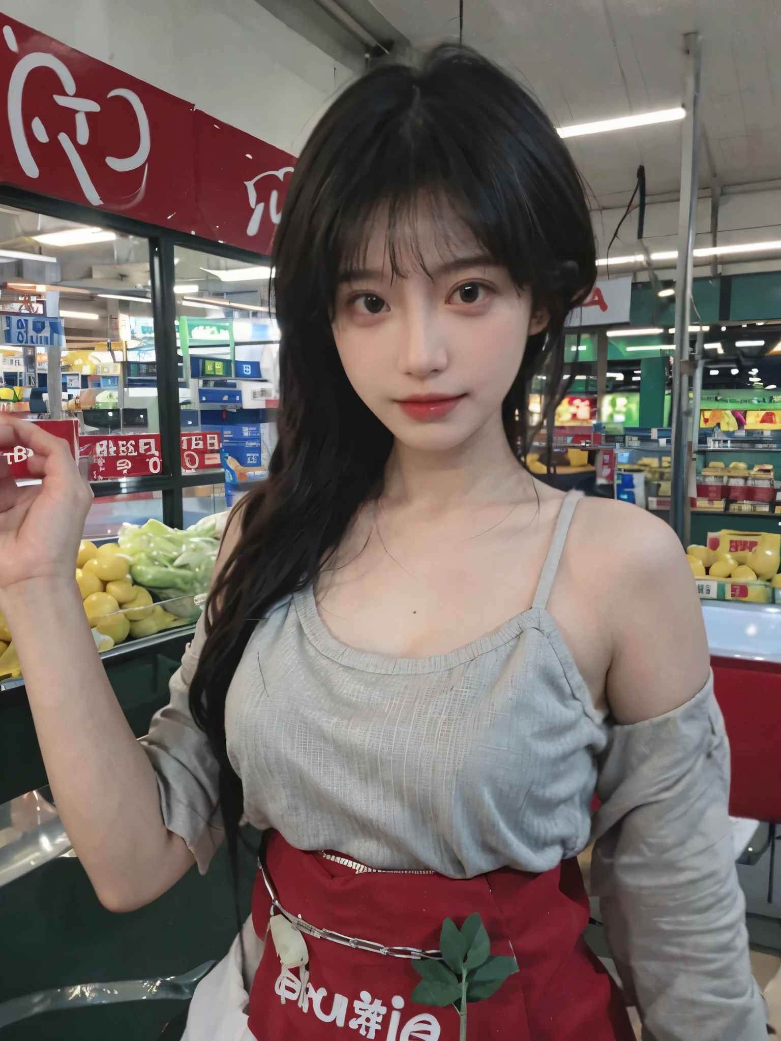 best quality,masterpiece,Ultra-high resolution,(lifelike:1.4),1 girl,Sexy,(supermarket:1.2),(Big breasts:1.2),(Upper body:1.4)