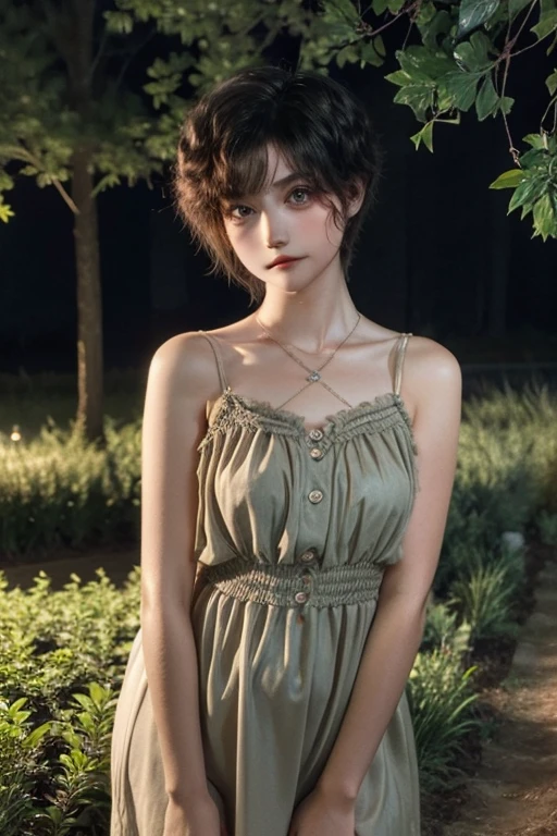 Girl, very short hair, Very curly, Whole body, very detailed face, short dress, shows her legs, at night, trees in the distance, you can see the stars, flowers shine, with one hand on his chest,