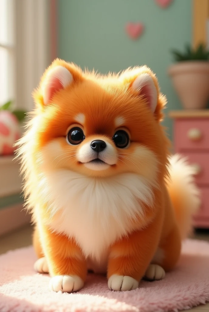 Pomeranian plush。Facing forward。Fur with multiple colors。red fur。