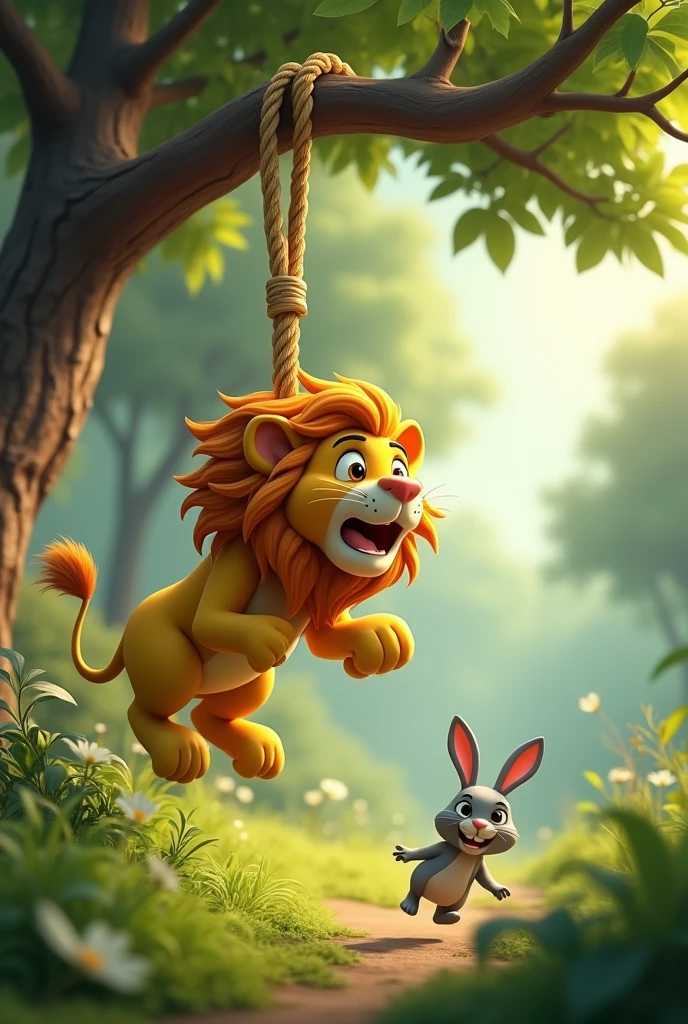 In 3d animation style "Create a scene where the lion is caught in the trap, hanging upside down from a tree. The rabbit is seen in the distance, happily hopping away, having outsmarted the lion."
These prompts should help create a visual representation of each key moment in the story.