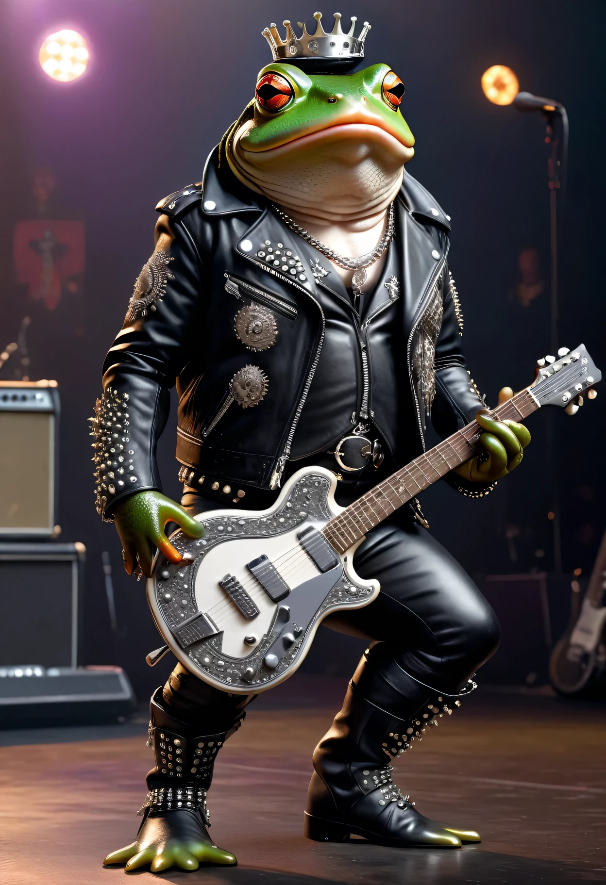 photorealistic portrait of Dressed animals - a ((fat) frog punk-rocker, (full body image:1.5), break,(holding a guitar:1.5), Wearing a tailored black leather jacket featuring intricate silver stud patterns reminiscent of sacred symbols, leather boots, adorned in a modern punk-rock ensemble,, detailed and opulent description of modern punk-rock style, stage lighting, intricate ornate accessories, stage background