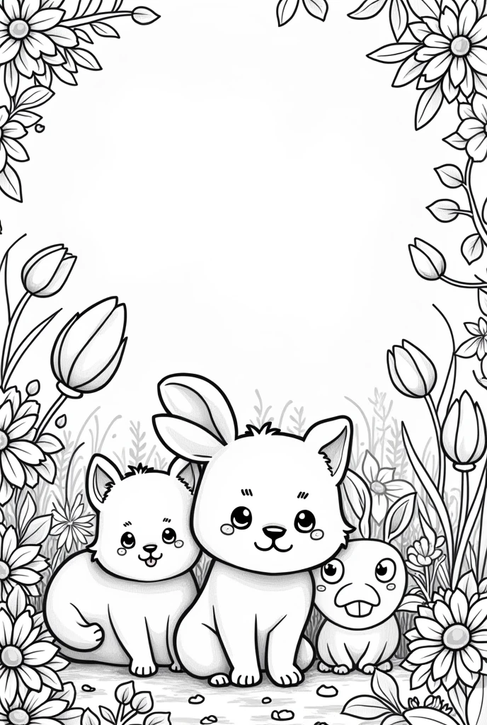 Give me coloring book pages cute animals flowers background no color no grayscale no shadow high details but the design is simple