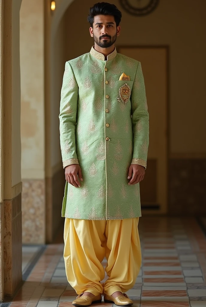 I want to design a men's wear kurta and long jacket for a wedding. I want the kurta to be light yellow in colour and the jacket to be in beautiful green shade which compliments the kurta. It needs to look royal and beautiful for the haldi and mehndi ceremony which is held together
