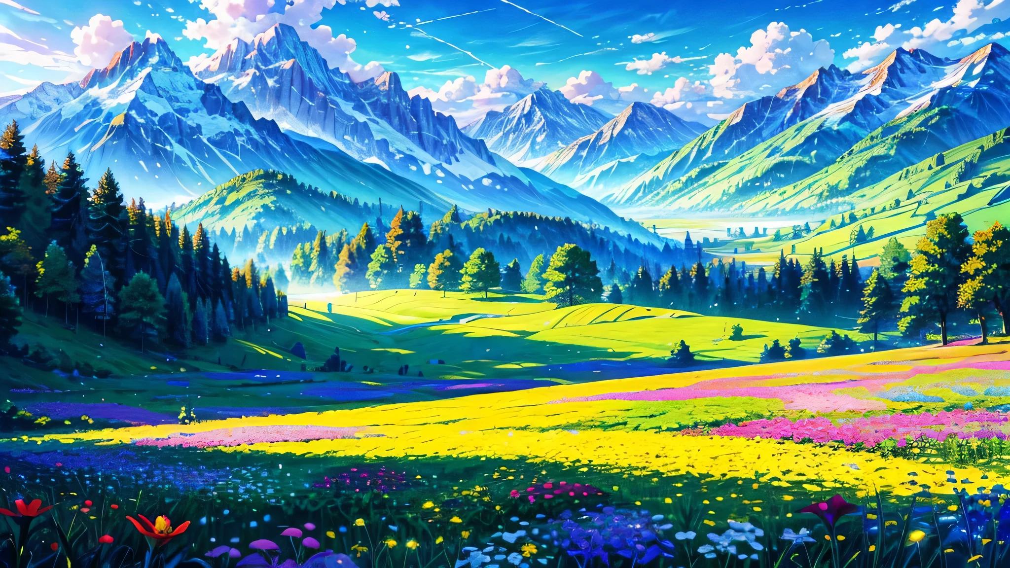 Flower fieldClear sky, view under the tree, look down, there are mountains, in front of the beautiful blooming grassland, bright colors, good weather,Bright colors, beautiful blooming flowers