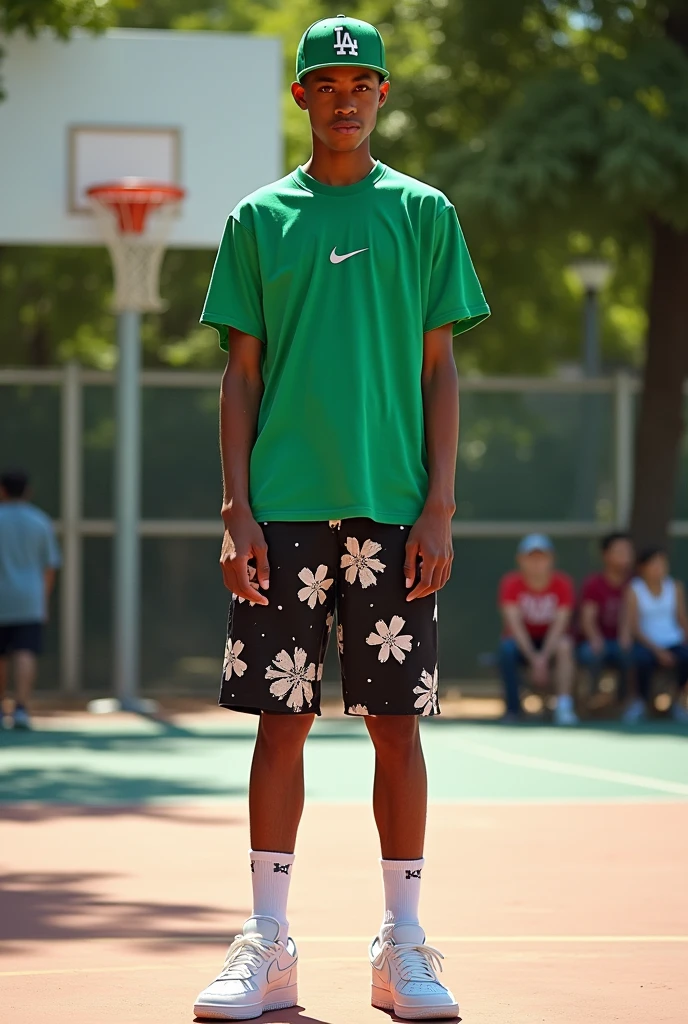 Man 170 height, with glasses, thin, loves to play basketball, Said, in black shorts with white flowers on them, green Nike T-shirt green LA cap, white Nike Air Force sneakers with a bone print, with Nike socks. He has snot running from his nose