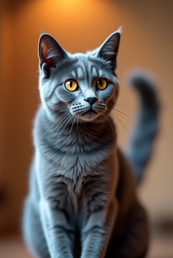 cat
breed Chartreux
blue-gray fur
amber eyes
front view
tail erect
front view
head tilted