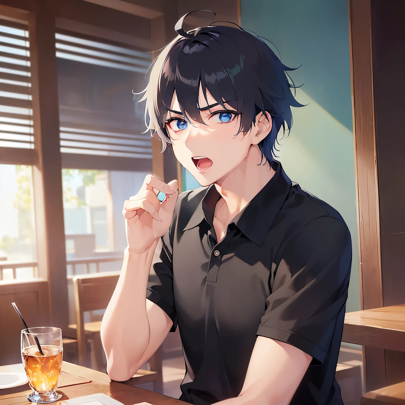 hand up, upper body、shiny skin, masterpiece、Highest quality、(25-year-old male:1.5) and (Black short hair) and (blue eyes), BREAK (black polo shirt) BREAK 立っている、(surprised:1.2)、open mouth, The background is a restaurant at night、alone