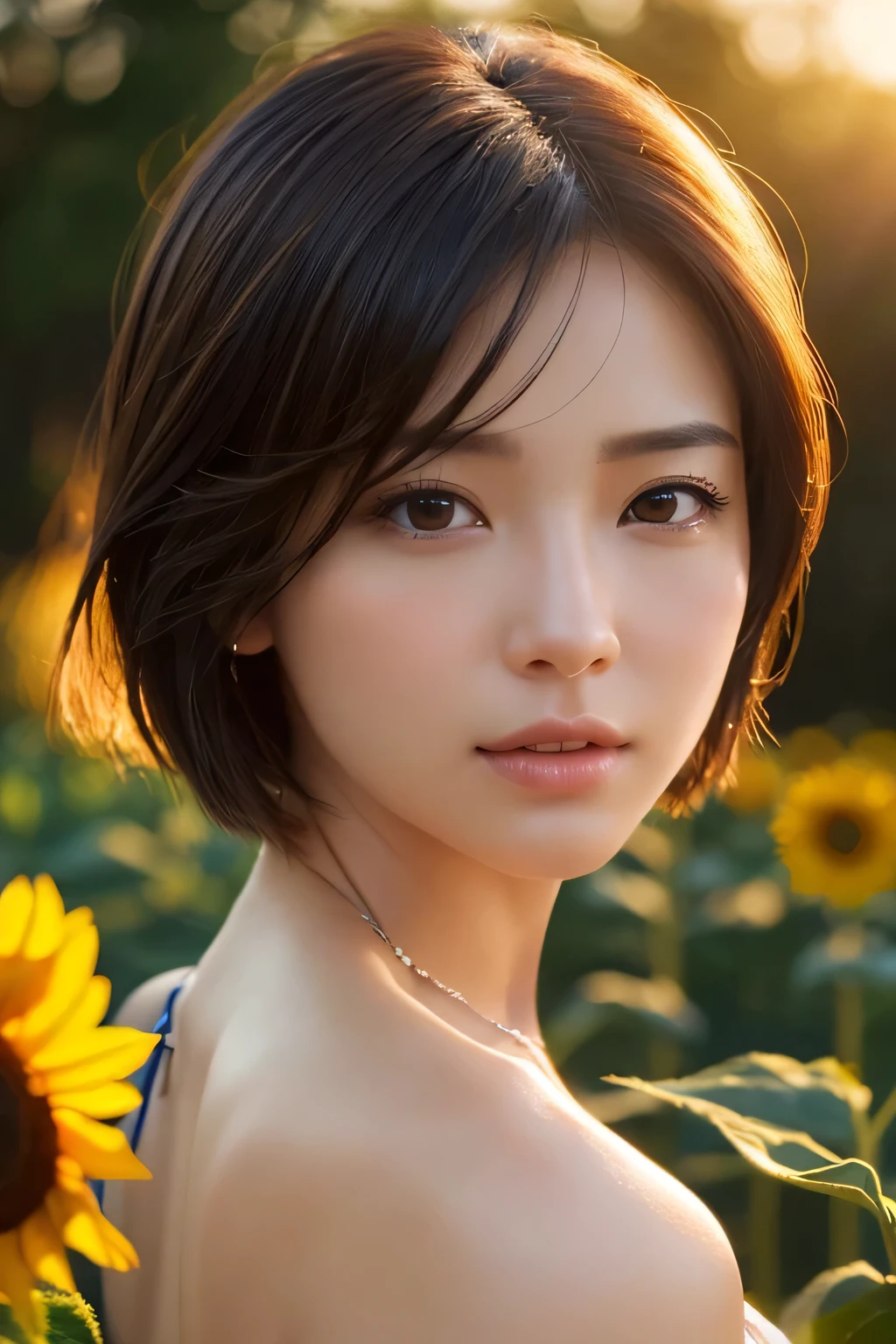 (Photorealistic:1.4)、(hyper Realistic:1.4)、(Realistic:1.3)、short hair、Erotic Face、cool、Pensive、beautiful、Sunflower Hill
