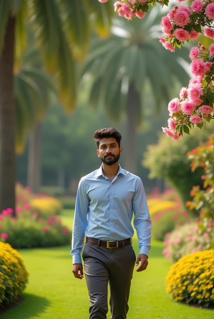 1 man, indian male of age 28, photo, realistic, wearing shirt pant formal , best quality, walking in graden,lonely, flowers and trees in garden, he is feeling lonely in a beautiful garden, waiting for love in her life.

