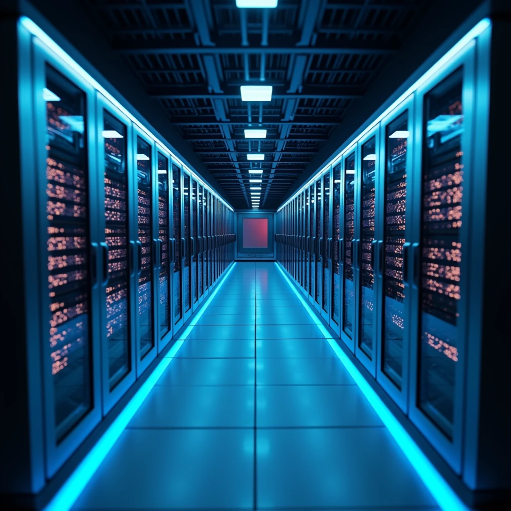 modern datacenter container viewed from slightly above. The long sides of the container have multiple air fans. One side pulls air in, and the opposite side expels it. Inside, there is a single row of server racks running through the middle of the container, from one short side to the other.