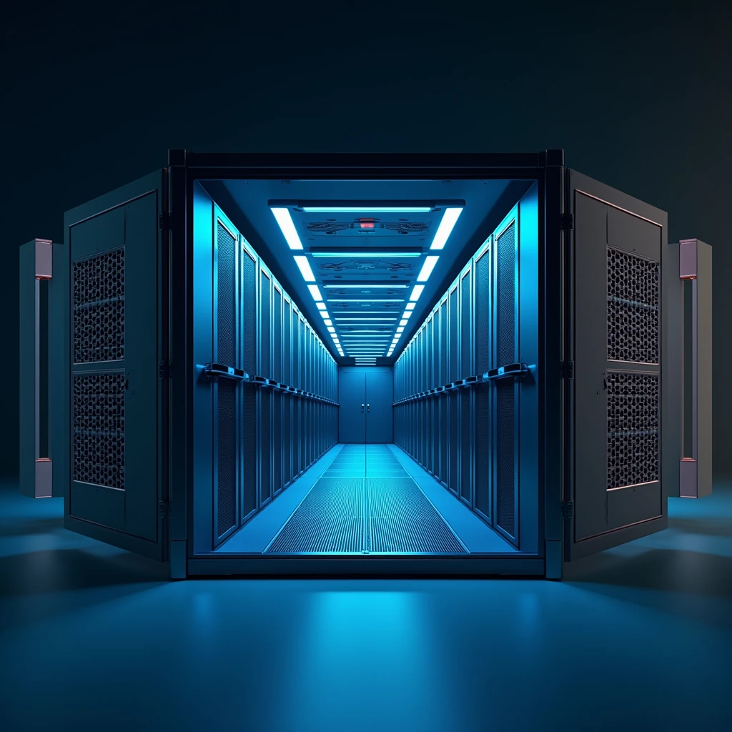 modern datacenter container viewed from slightly above. The long sides of the container have multiple air fans. One side pulls air in, and the opposite side expels it. Inside, there is a single row of server racks running through the middle of the container, from one short side to the other.