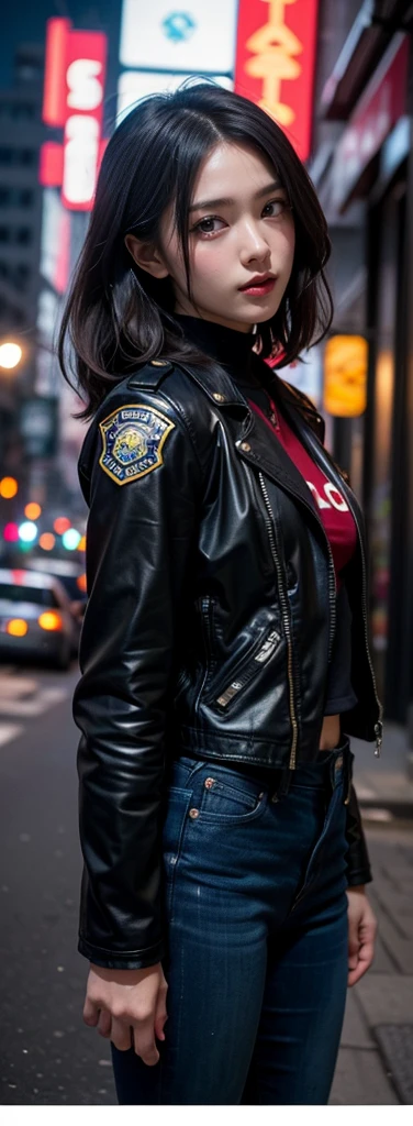 Portrait of a beautiful female model natlp, Georgia Fowler, Beautiful Face, Short dark brown hair, Cyberpunk city at night. She is wearing a leather jacket, Black jeans, Dramatic lighting, (Police Badge:1.2)