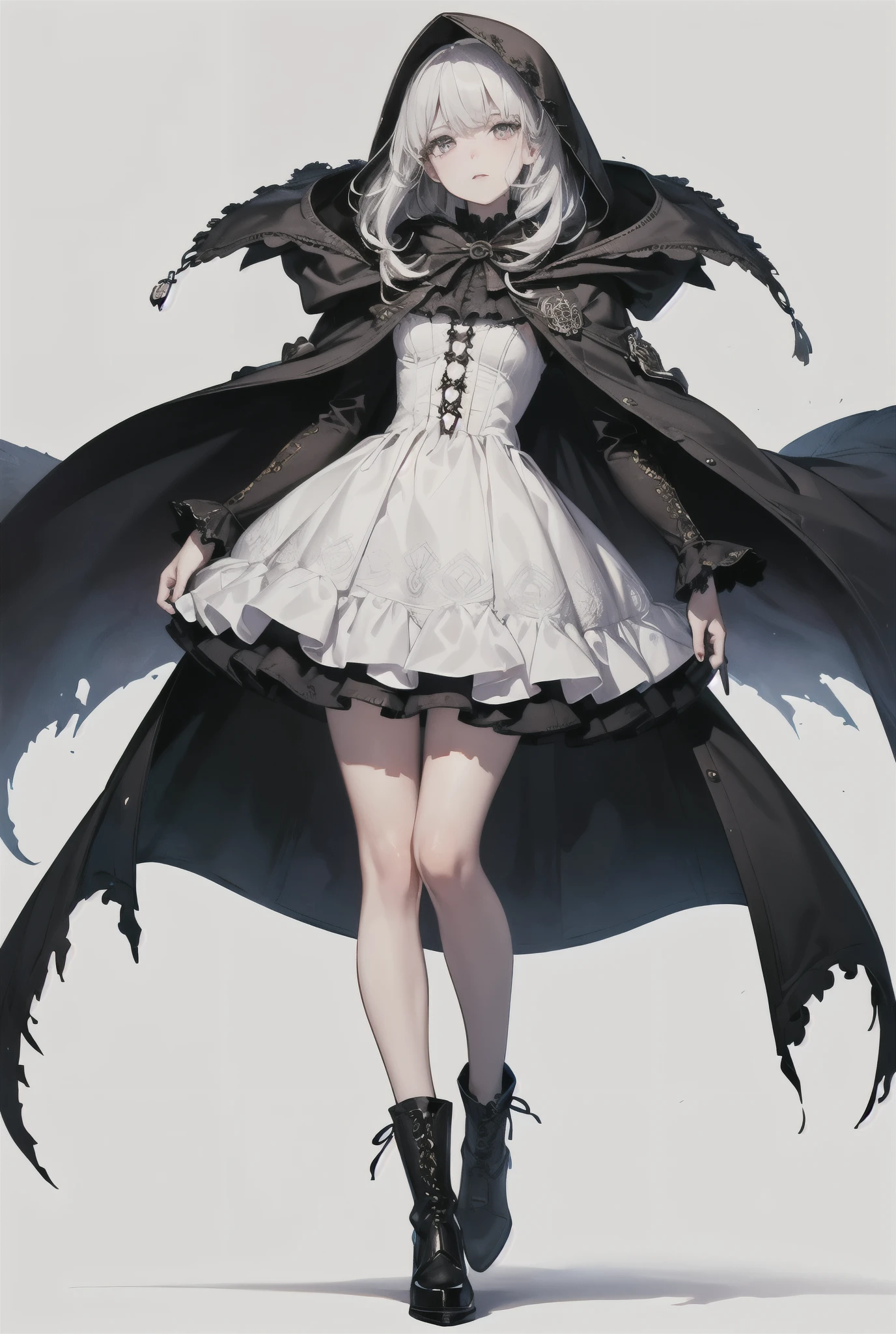 (((masterpiece, of the highest quality, super detailed))), hand drawn style, hand painted style, watercolour, sketch, a knight, white background, plain background, Bloodborne inspired, tatty Bloodborne attire, occult aesthetic, occult, tatty red and white clothing detailed and intricate steampunk and detailed gothic lolita (with a hood), diadems, long coat, very thin long legs, Complex laced boots, Fluttering lace flared long knee length dress with frilly petticoats, long dress, knee length dress, petticoats gothic lolita, beautiful small breasts, (((( Highly detailed face))), small thin nose, Small thin lips mouth, (((Very sharp focused eyes))), Very large slit precision pale grey eyes that shine like jewels. very long eyelashes, Silver hair swaying in the wind, Emitting a dazzling light in a mandala pattern, white background, Very dramatic and cinematic lighting, tatty damaged old red and white clothing, full body, whole body, body, cosmic horror, grim dark