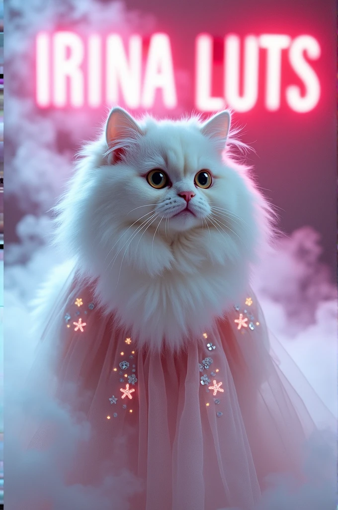 Fluffy white beautiful cat in a light pink dress lots of white smoke sequins in the background neon letters says IRINA LUTS