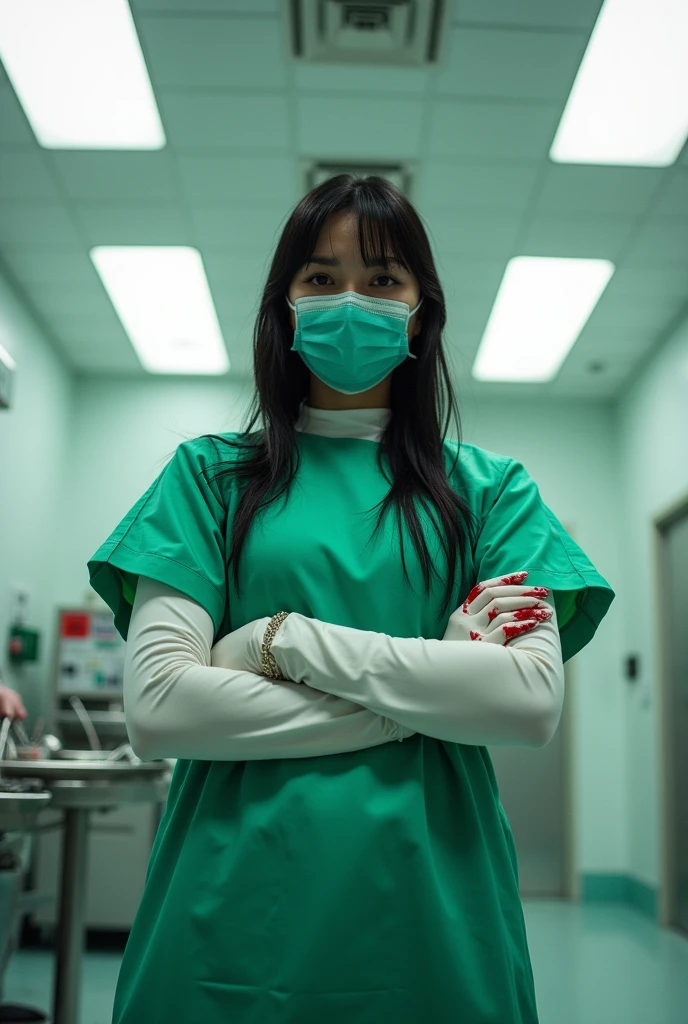 1girl, makima \(chainsaw man\) ((dressed like a surgeon)) ((wearing a green surgical gown a green surgical mask and long white surgical gloves)) ((she's holding a scalpel and has blood on her gloves and surgical mask)) the background is an operating room