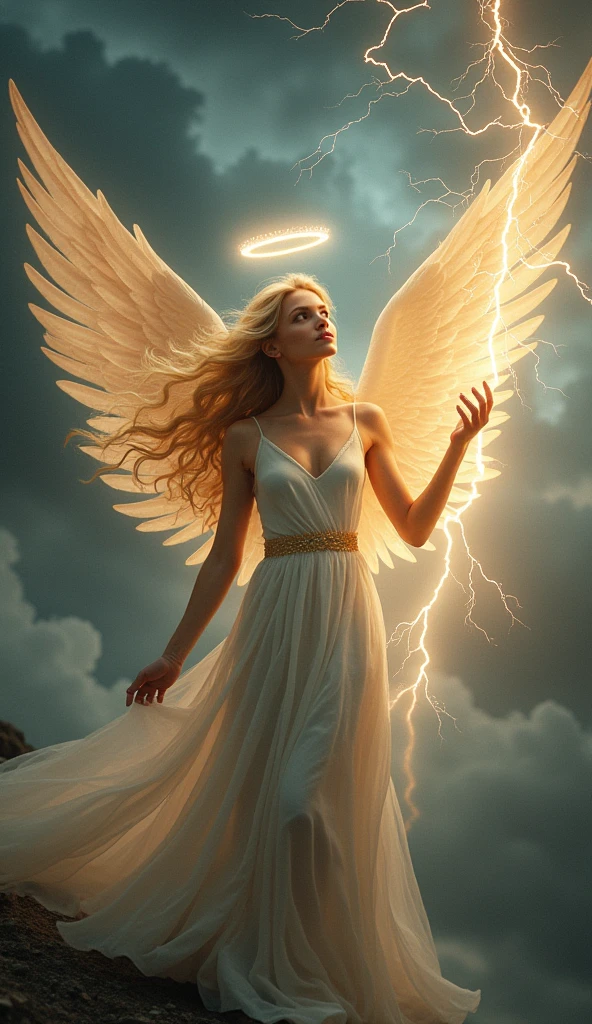 A beautiful female angel holding lightning in her hand, Halo