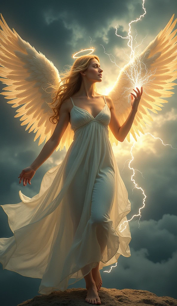 A beautiful female angel holding lightning in her hand, Halo