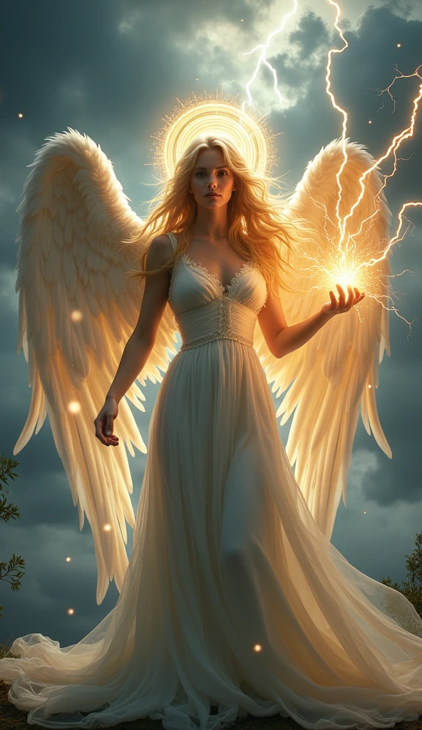 A beautiful female angel holding lightning in her hand, Halo