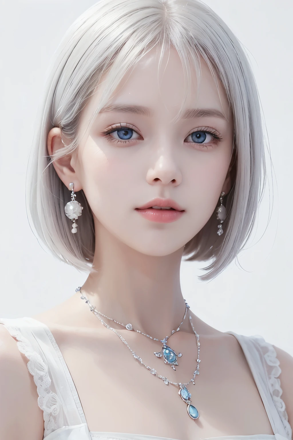 ((masterpiece:1.4, Highest quality)), (((White Background:1.3)))、Albino women、Beautiful Face、Eyes are light blue、White lips、A Little Smile、Short-cut hair with gray hair、White Dress、White or transparent earrings and necklace、(Attention to detail of the skin: 1.2)、Background Blur, Beautiful fade out、White world、White Background、 Soft Light, Highly detailed eyes and face, Beautiful and exquisite, (Wearing clothing from early 20th century Western Europe:1.3), Cinema Lighting, 