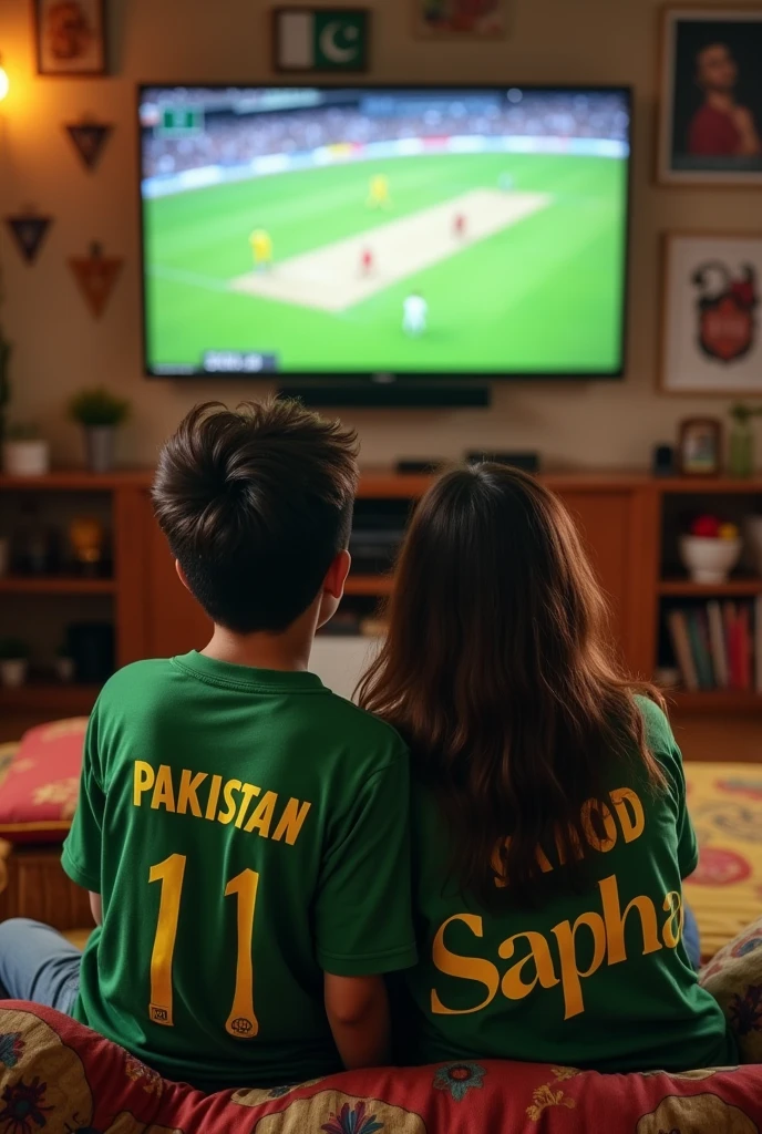 BF GF short hair watching Pakistan cricket on tv
Boy that having Pakistani Shirt written Vinod behind and girl have worn shirt written Sapna