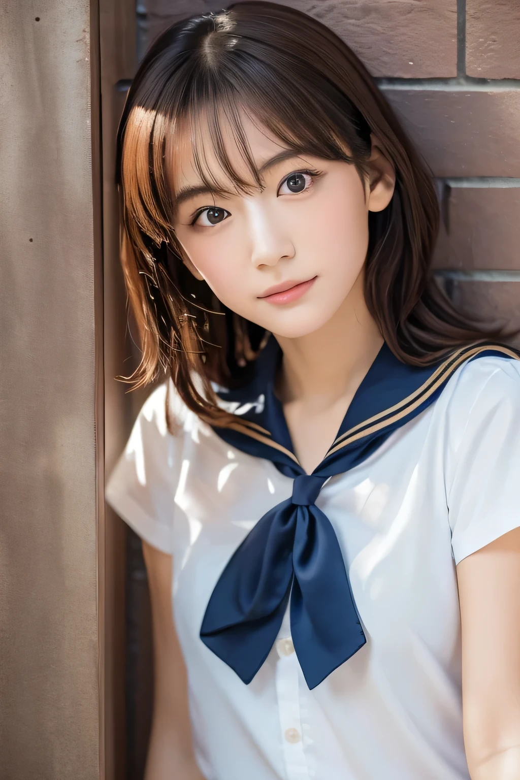 (Beautiful leaning against the wall:1.3), (Highest quality:1.4), (Very detailed), (Very detailed美しい顔), Sexy pose, School uniforms, Short-sleeved sailor uniform, Great face and eyes, iris, Medium Hair, The Beauty of Japan, (Skinny body type:1.3), (Flat Chest:1.3), (Face close-up:1.4), Smooth, Very detailed CG synthesis 8k wallpaper, High-resolution RAW color photos, Professional photography, Light, BackLight, dream-like, impressive, Written boundary depth, School Area, (Photographed from the front:1.3)
