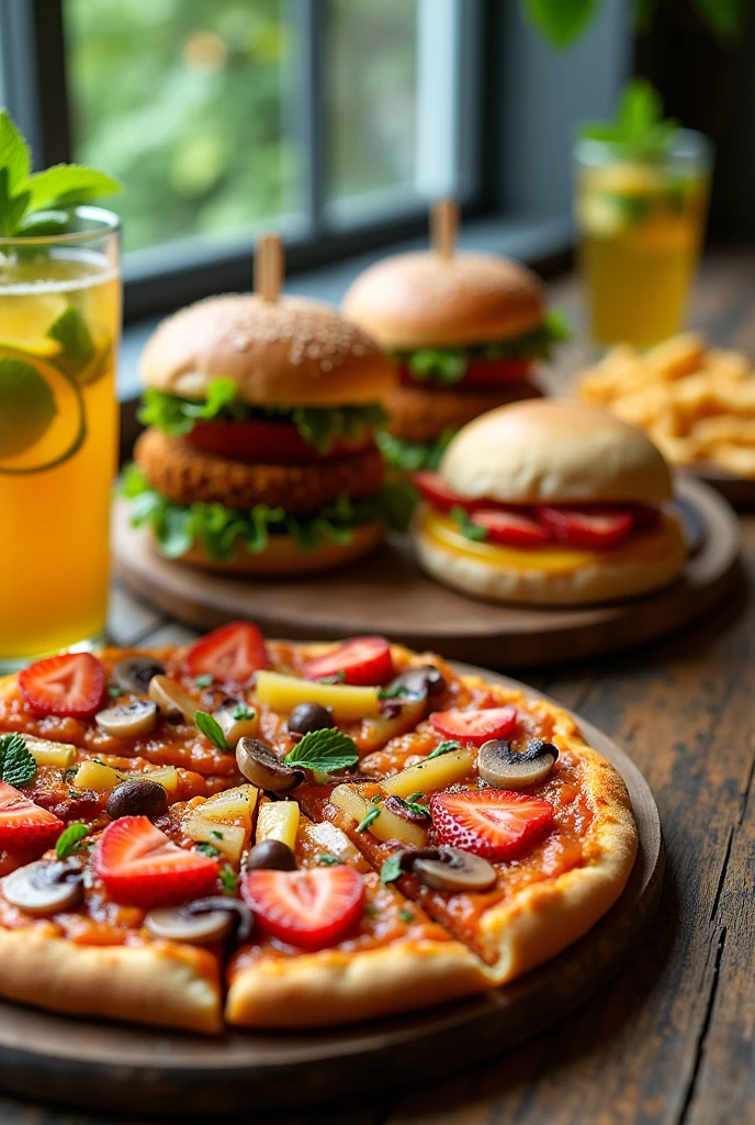 A healthy meal with plant-based meat, fruits, vegetables, and healthy water. Pizza made from fruits and vegetables. Plant-based burgers.