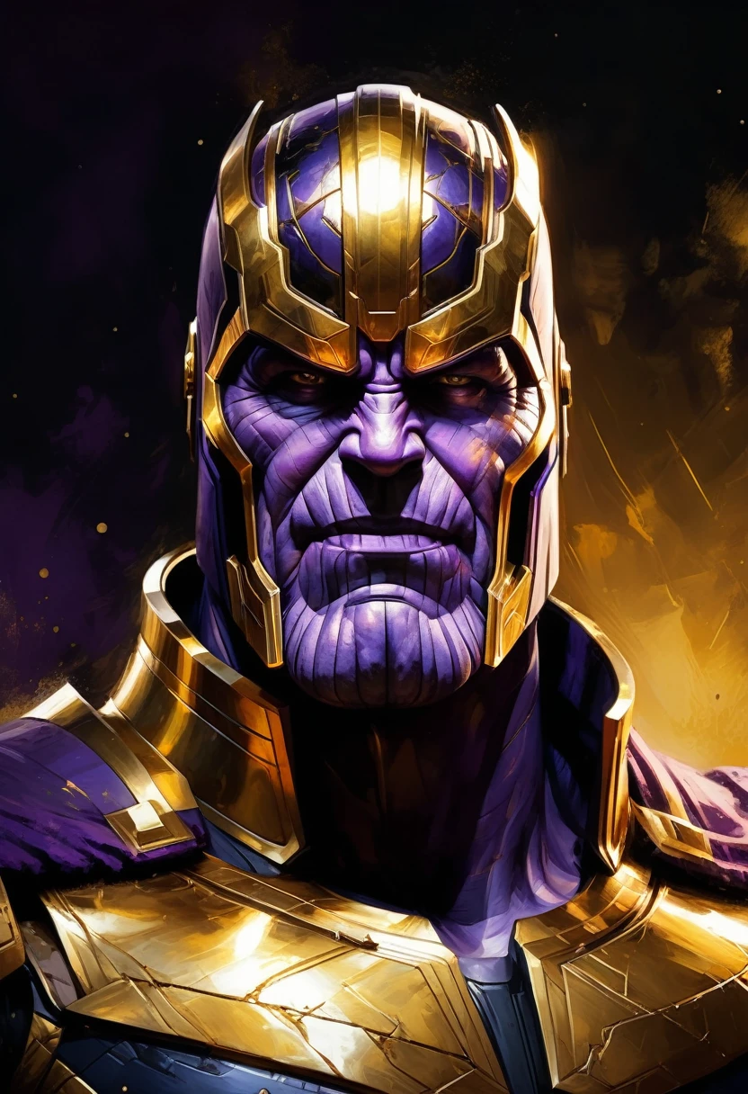 Thanos, gold helmet, top hard light, gloomy illumination, dark environment, purple over gold, highly detailed, masterful painting in the style of Aleksi Briclot
