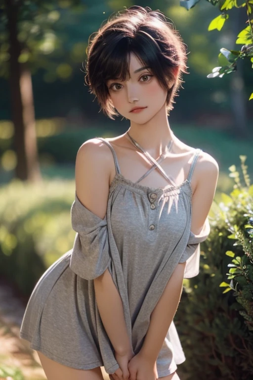 Girl, very short hair, Very curly, Whole body, very detailed face, short dress, shows her legs, at night, trees in the distance, you can see the stars, flowers shine, with one hand on his chest,