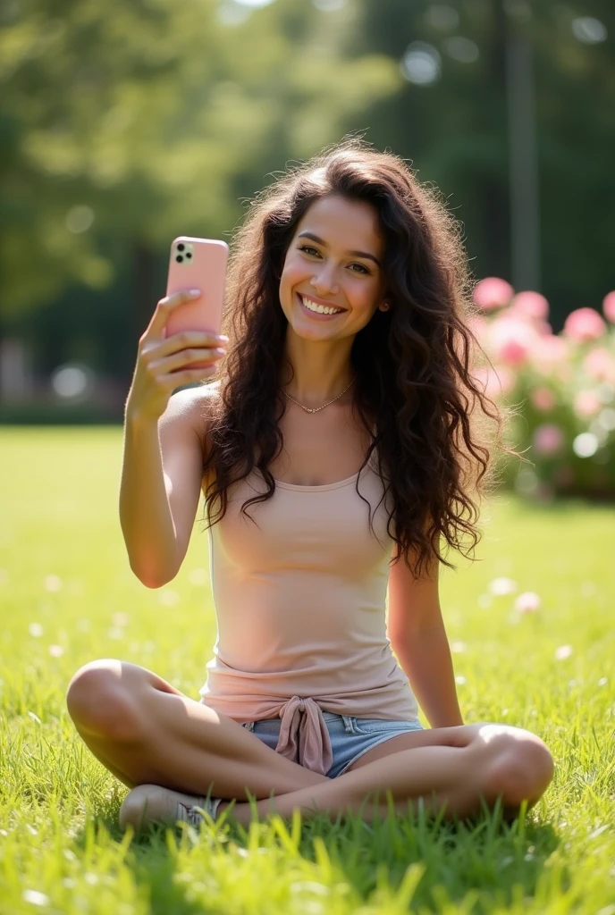 A brunette girl with curly hair and big breasts sits with her legs stretched out, taking a realistic photo
