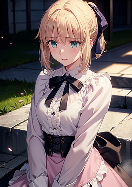 masterpiece, beautiful detail, beautiful light and shadow,Beautiful Anime Woman, Beautiful art style, Anime characters,1girl, ((((solo)))),saber,blonde hair, short hair, hair ribbon, jirai fashion, ((pink blouse)),elegant frills, black skirt,golden cuffs, white collar,outdoors,winter,smile,parted lips break ((dynamic pose)), dramatic makeup, close-up