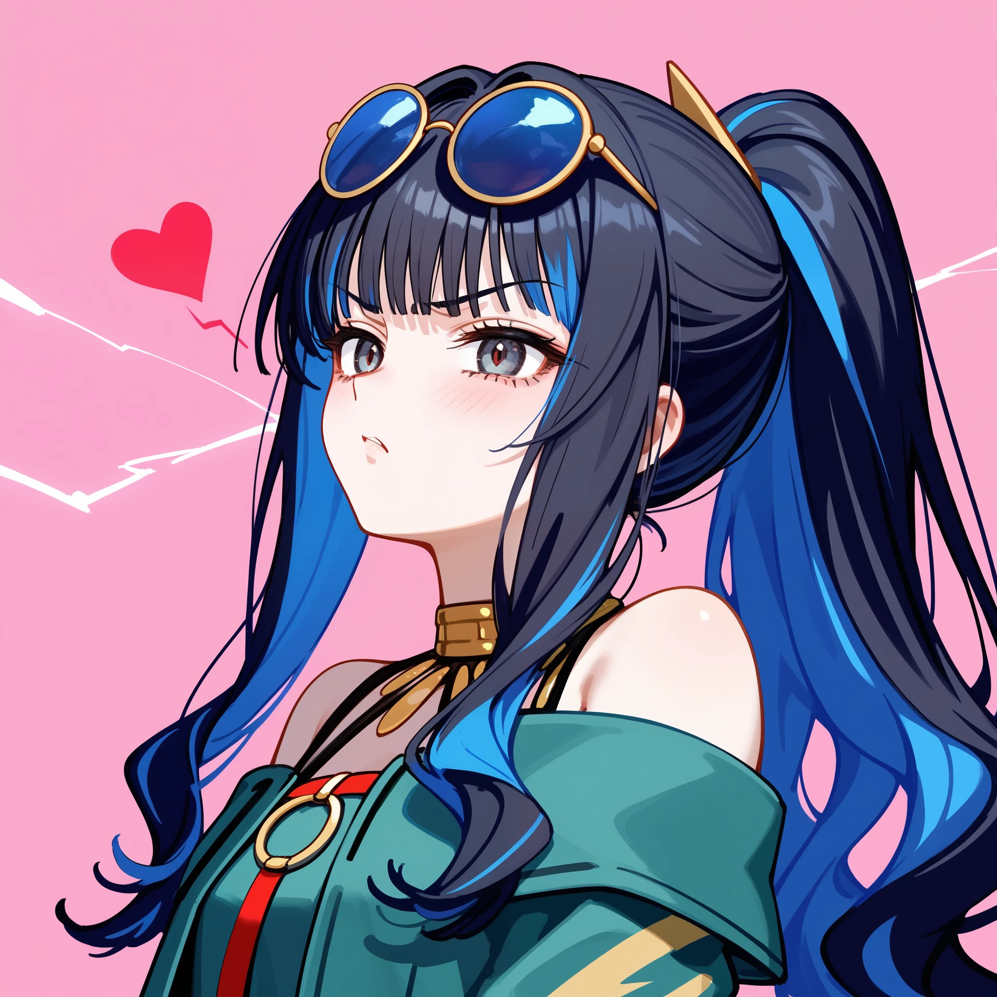 1 girl, long hair, (ponytail), portrait, multicolored hair, black hair, sidelocks, blue hair, Wavy hair, Eyeliner, Jewelry, gives, o-ring, neck ring, buttons, round sunglasses, glasses on head, bracelet, bare shoulders, green jacket, from the shoulder, lightning, irritated, Tsundere, looking, pink background, hearts, masterpiece, check_9, check_8_up, check_7_up