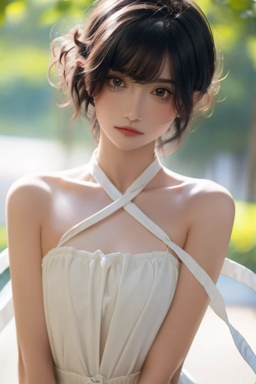 Girl, ?????, Skinny body, small bust, short hair, Very curly, very detailed face, ribbon on his neck, standing,